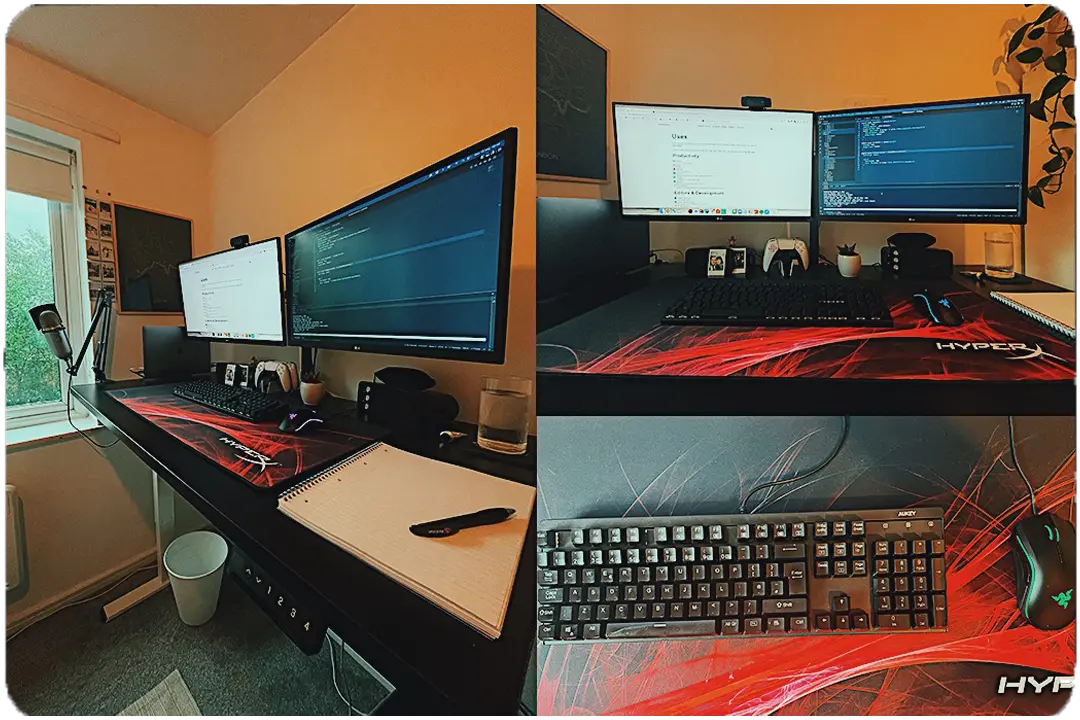 the setup, featuring two monitors, keyboard mouse, mac and more.